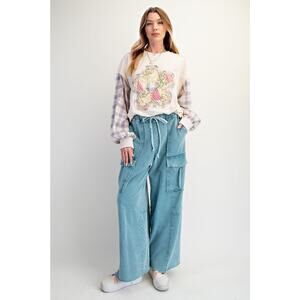 "Durango" French Terry Cargo Wide Leg Pants in Teal Blue
